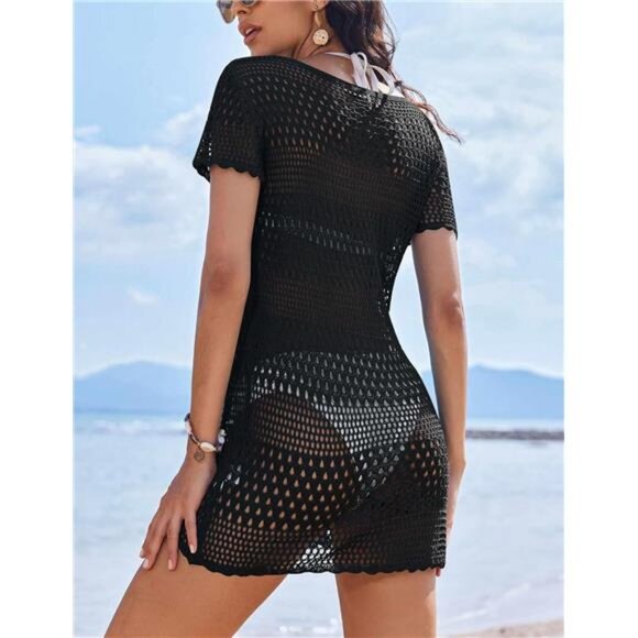 Womens Crochet Cover Up V Neck Bathing Suit Coverups Hollow Out Bikini Beachwear - Picture 3 of 7